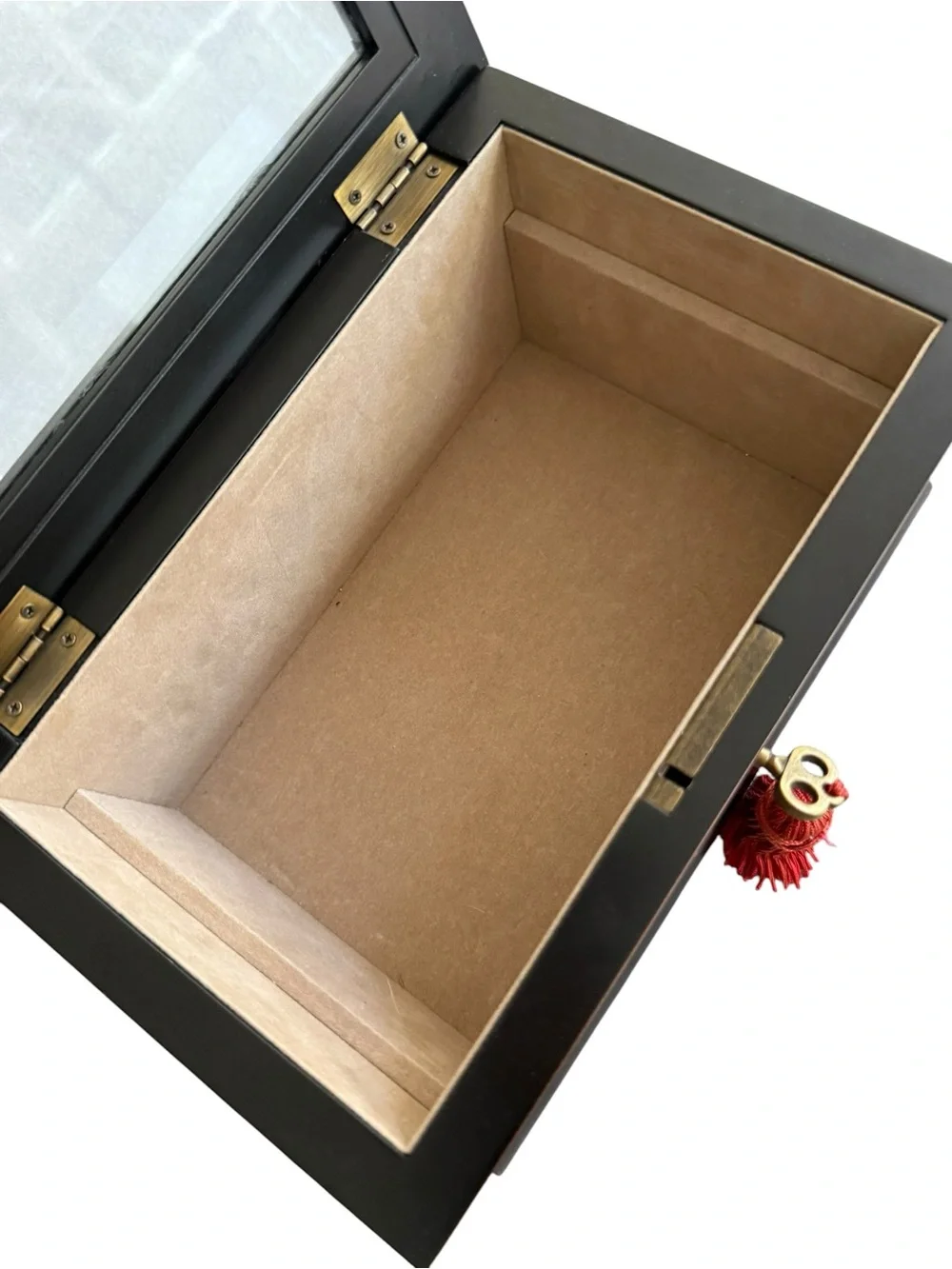 Vintage Asian Black Lacquer Wooden Jewelry Box Glass Top Key Tassel Brass